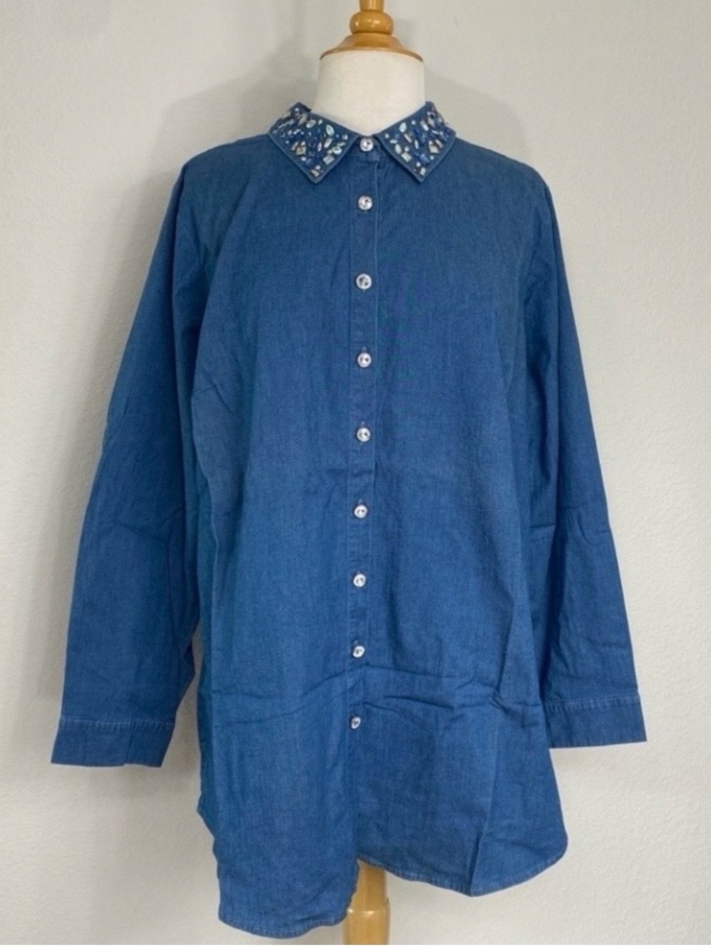 NWT New Vintage Quaker Factory Jeanne Bice Womens Chambray Jewel Button Shirt 1X